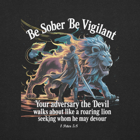 Be Sober Be Vigilant Lion (Back) Christian Bible Verse T-Shirt